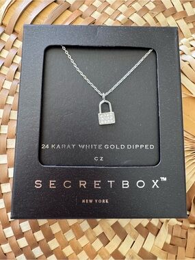 Secret Box NIB 24K White Gold Dipped Padlock Necklace | Silver Lock Pendant
